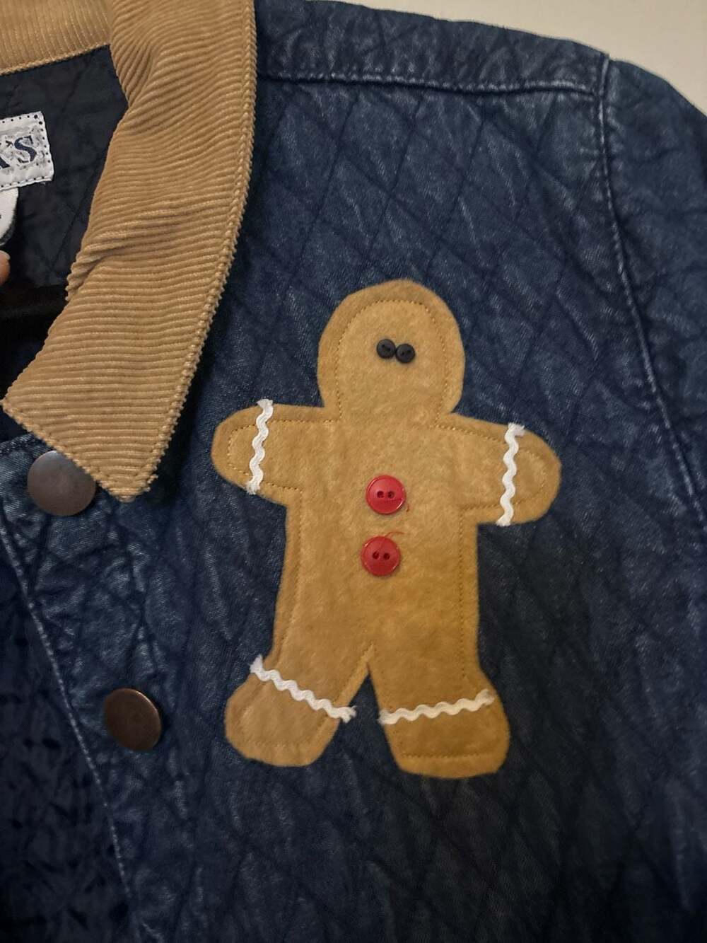 Vintage Haik's XL Quilted Denim Christmas Gingerbread Man Barn Chore Coat Jacket - Picture 2 of 6